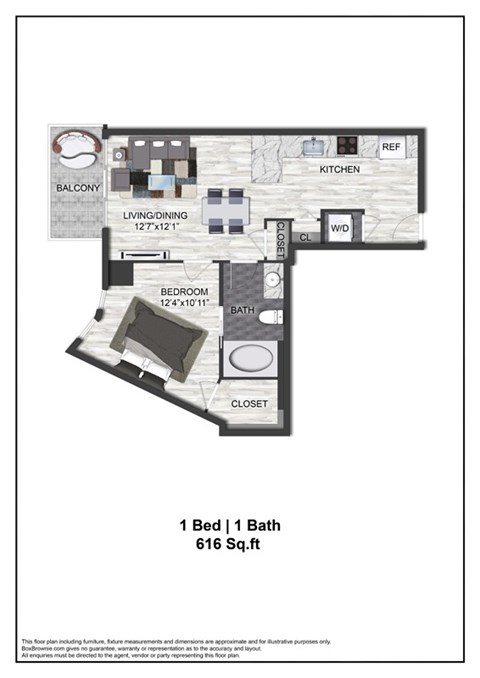 Floor plan for 1 bed, 1 bath, 616 sqft